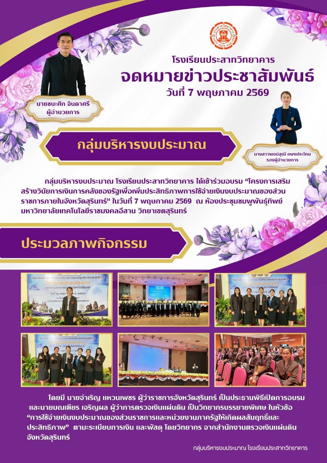 กลุ่มบริหารงบประมาณ โรงเรียนประสาทวิทยาคาร ได้เข้าร่วมอบรม "โครงการเสริม สร้างวินัยการเงินการคลังของรัฐเพื่อเพิ่มประสิทธิภาพการใช้จ่ายเงินจบประมาณของส่วนราชการภายใน จังหวัดสุรินทร์"